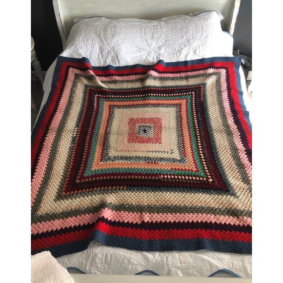 American Vintage Hand Crocheted blanket multi coloured 66"x66" - Picture 5 of 9